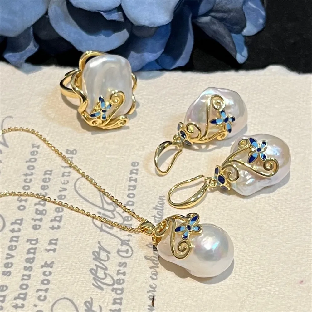 

Cloisonne Butterfly Dream Baroque Pearl Necklace Pendant Earring Ring Set Natural High Quality Freshwater Pearl 14k Gold Color