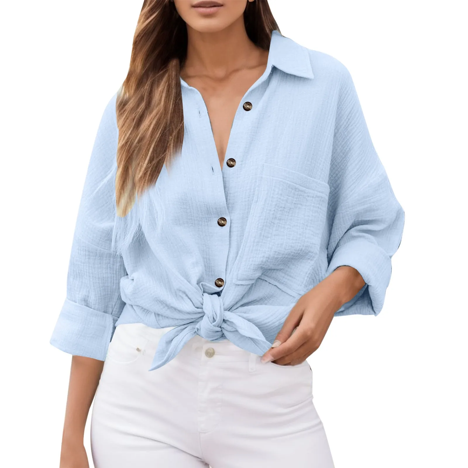 

Cotton Women Button Shirt Casual Long Sleeve Loose Fit Blouse Tops With Pocket Solid Color Lapel Collar Shirts