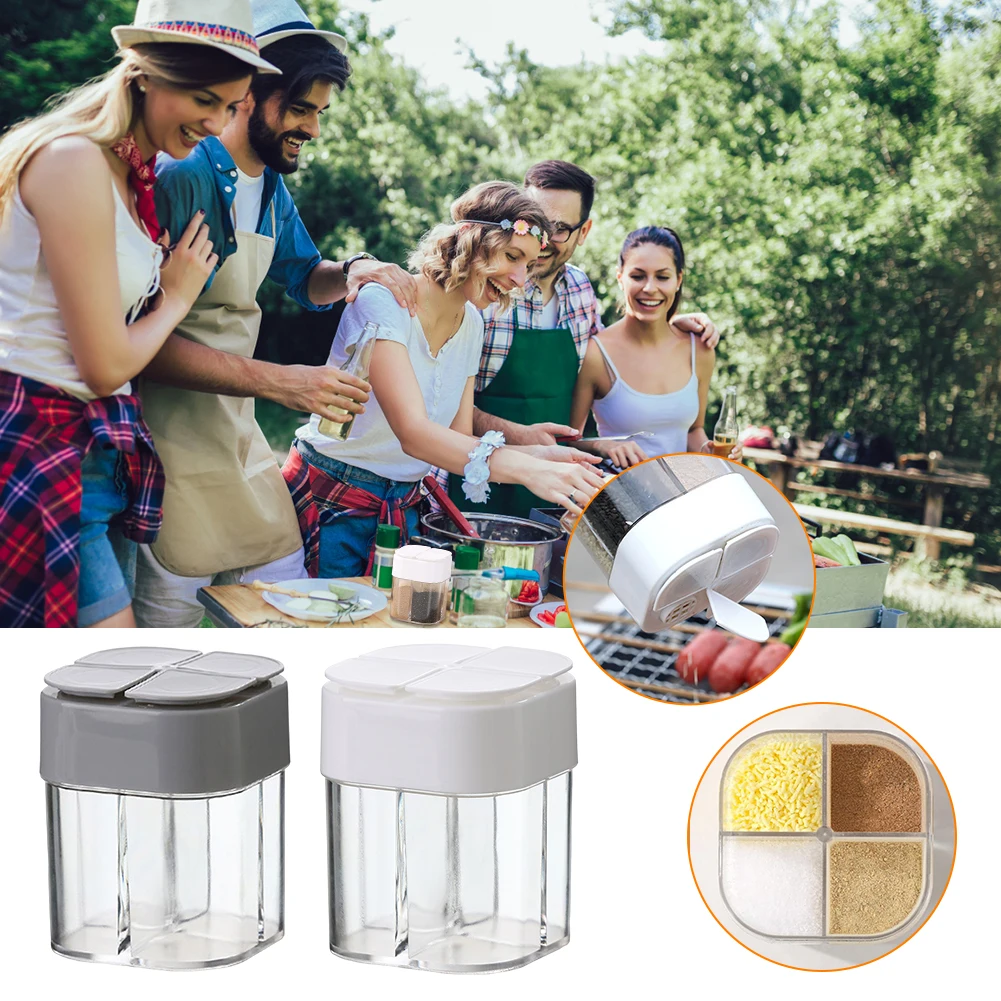 4in1 Camping Seasoning Shaker Transparent 4 Grids Flip Spice Jar with Lid Outdoor BBQ Cooking Salt Pepper Storage Box Home Jars