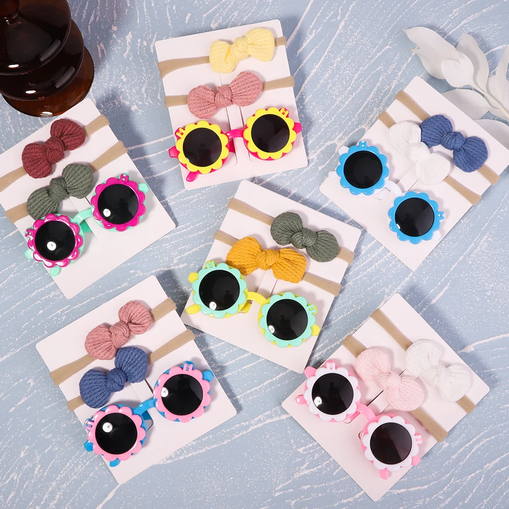 3Pcs Baby Headband Cute Sunglasses Set Beach Photography Kids Headwear Girls Hair Accessories Props Outdoor Protection Glasses newborn baby photography props outfits headband background blanket 3pcs ducks cute theme set studio shooting photo props