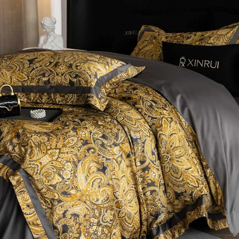 Premium 1000TC Egyptian Cotton Bohemian Style Digital Print Bedding Set Duvet Cover Set Flat/Fitted Bed Sheet Pillowcases 4Pcs