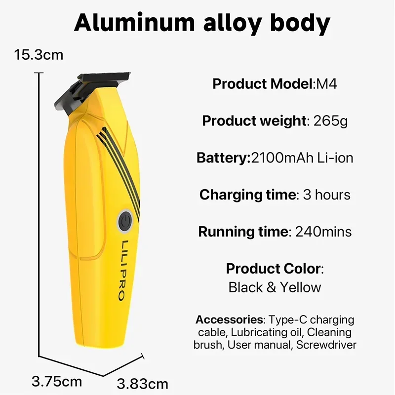 모든 금속 트리머 M4 LILIPRO 전문 브러시리스 모터, 7000RPM 블레이드, 제로 거리 2100mAh, 남성용 베이스 이발 클리퍼 포함
