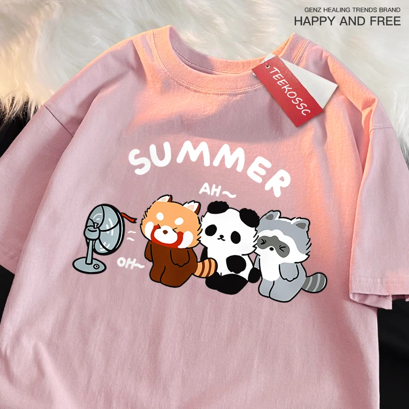 3 Raccoons Blowing Fans Print T-Shirt Street Breathable Tshirt Fashion Loose Tees Cotton Oversized Street Clothes Men Women