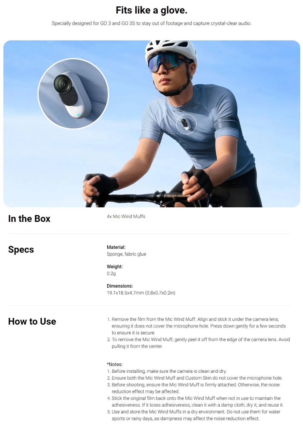 Description Picture 3 of itemOfficial & Original Insta360 GO 3/GO 3S Mic Wind Muff, Seamless windproof cotton for quality sound transmission.