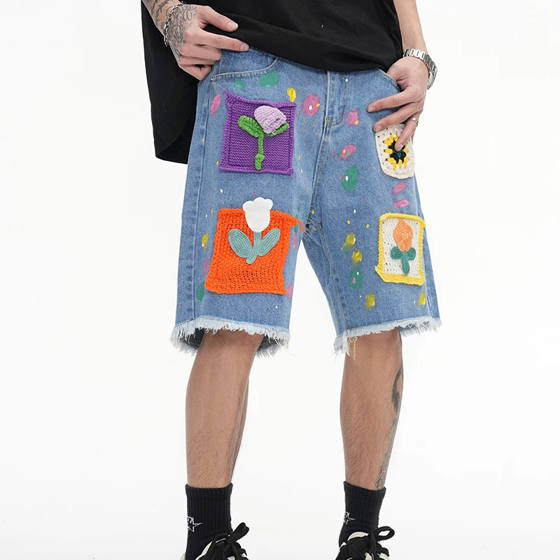 Harajuku Vintage Knitted floral Pattern Denim Shorts Men's Oversized Straight Cut Jeans Casual Loose Shorts College Pants Y2K,denim shorts,summer jeans shorts