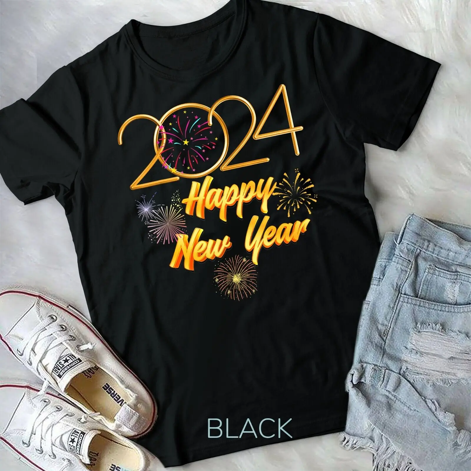 Forniture Per Feste Di Capodanno 2024 Fancy Happy New Year Fuochi D'Artificio T-Shirt Unisex