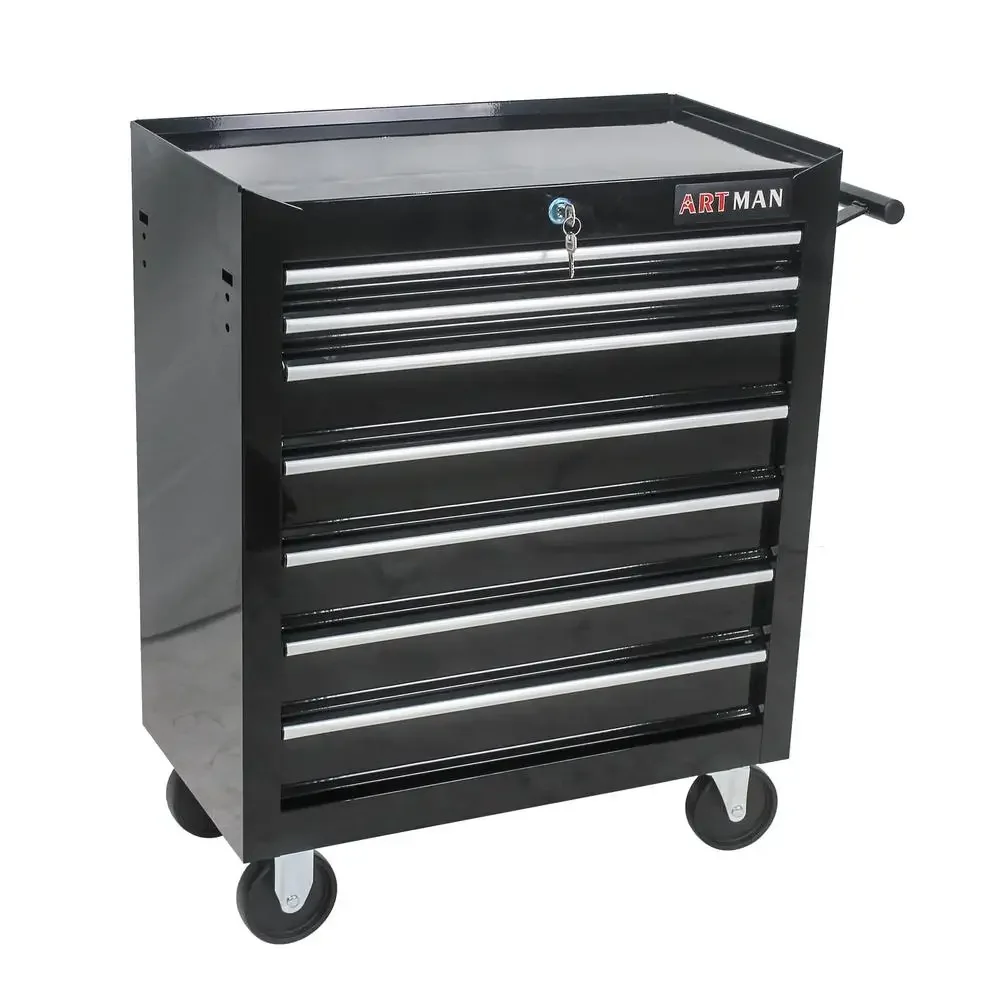 Steel 7-Drawer Rolling Tool Chest Box Wheels Garage Workshop Organizer Storage Black 24.5" Compact Durable Portable Heavy Duty 4