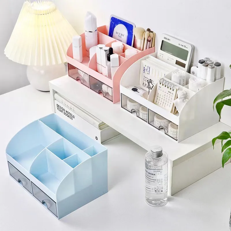Desk Organizer with 2 Drawers, Multi-Compartment Plastic Desktop Storage Box for Stationery, Makeup & Office Supplies - 5