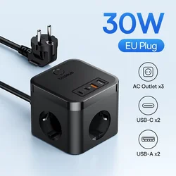 Baseus 30W Fast Charger Power Strip with Surge Protection and 3 AC Outlets - 30W Black EU 220V