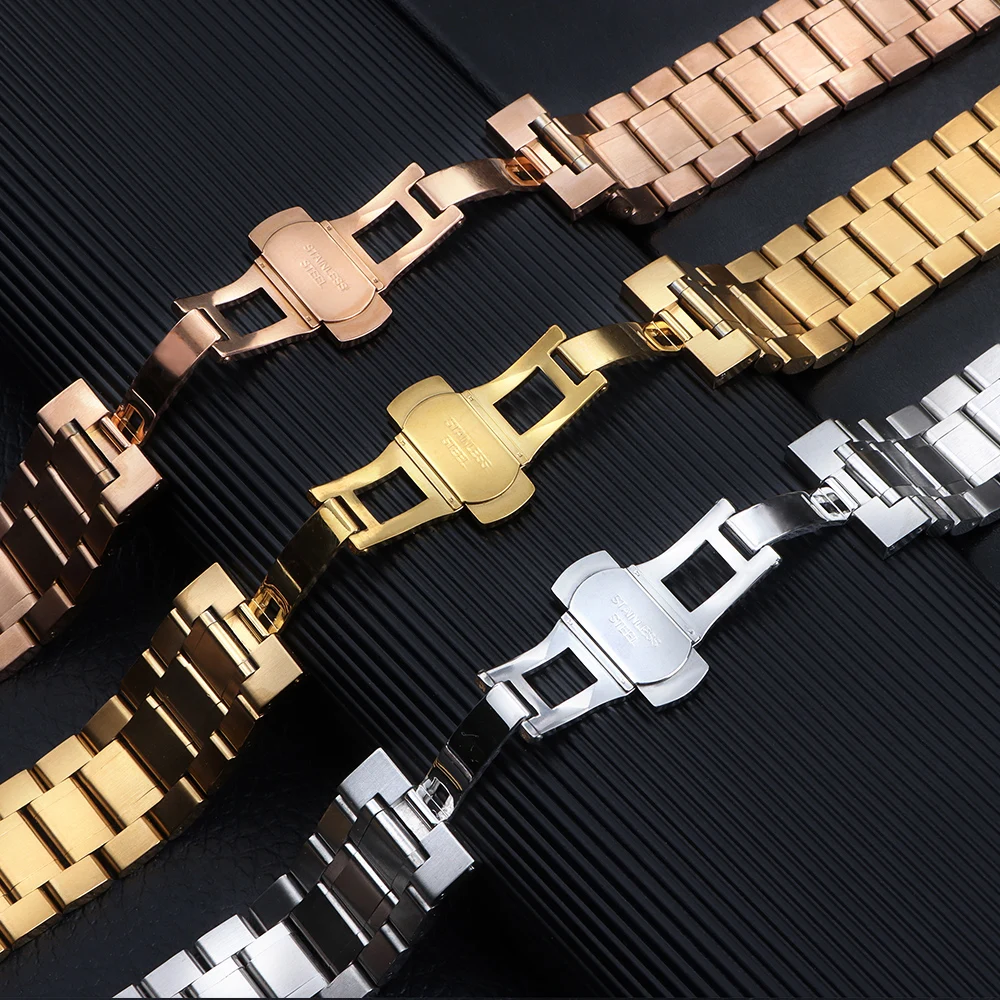 Curved End Stainless Steel Watch Band with Butterfly Buckle - Universal Wristband in Multiple Sizes