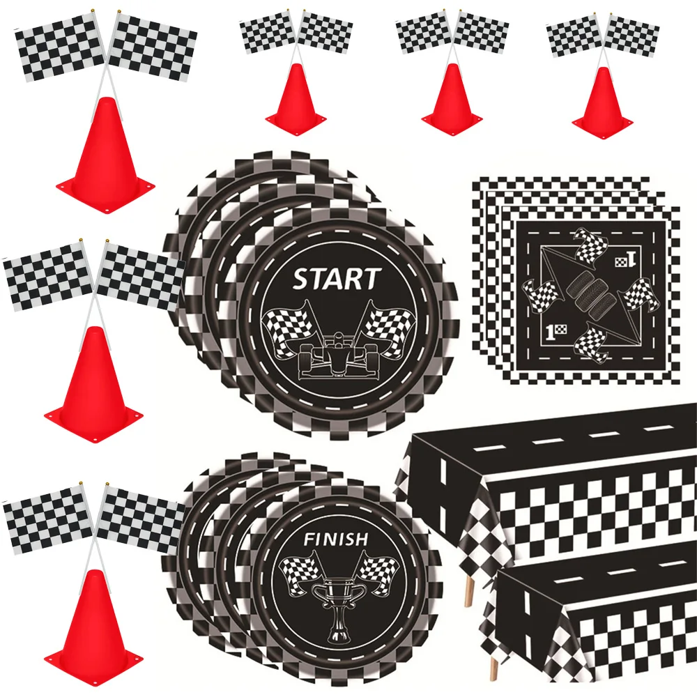 Black and White Checkered Racing Car Party Supplies for Boys Disposable Party Tableware Plates Napkins Birthday Party Dinnerware