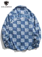 

Aolamegs Japanese Style Checkerboard Plaid Letter Graffiti Shirts Men Vintage Long Sleeve Tops Baggy Hip Hop Harajuku Streetwear