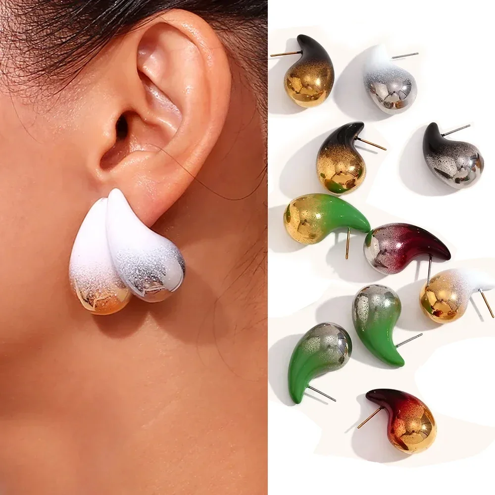 Ins Trend Gradient Color Waterdrop Droplet Orecchini Dupes In Acciaio Inossidabile Chunky Stacked Smalto Dome Martellato Ear Jewelry