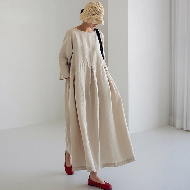 

Vintage Loose Cotton Linen Dress Women Summer Simple Elegant A-line Pullover Dress Female Harajuku Casual O-Neck Solid Maxi Robe