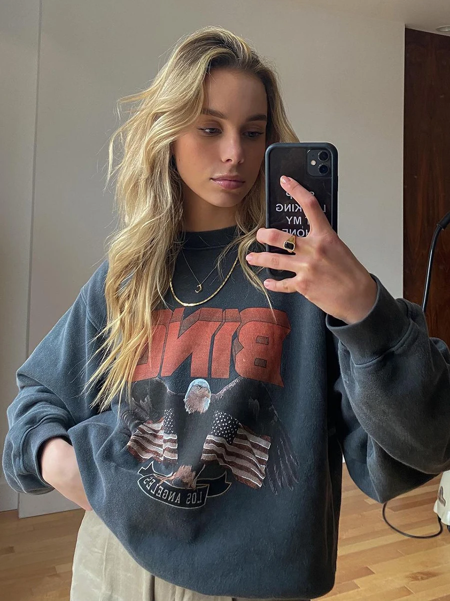 

Eagle Graphic Sweatshirts Women Clothing 2023 Spring Autumn Round Neck Casual Cotton Pullover Top Femme Loose Vintage Sweatshirt