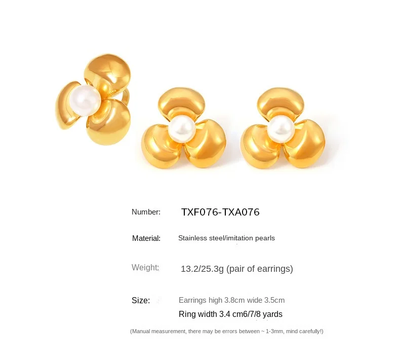 Glänzende Blume Edelstahl Ring und Ohrringe Set für Frauen Mädchen simuliert Perle wasserdicht Luxus vergoldeten Schmuck – Detail 7