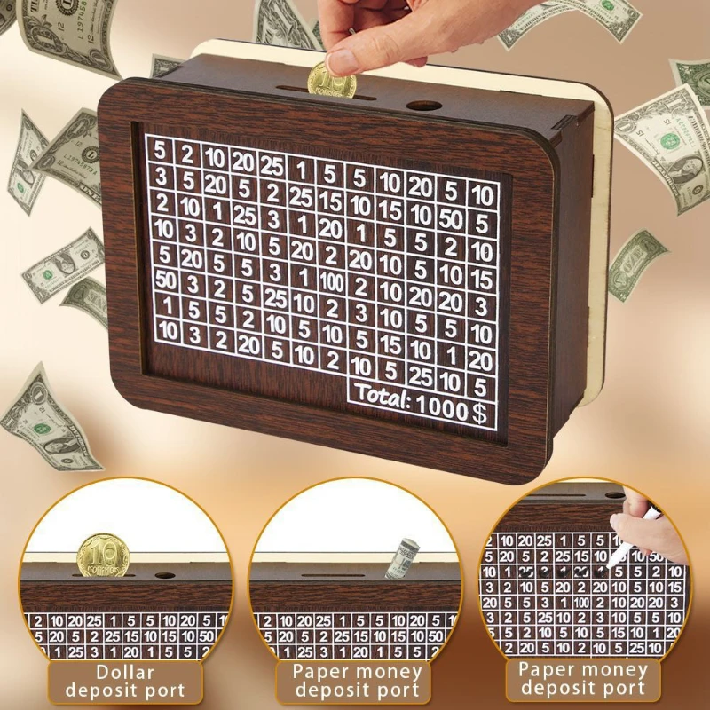1000/2000/3000/5000/10000 Euro Money Box Wooden Piggy Bank Money Vault Savings Box Challenge Cash Storage Case