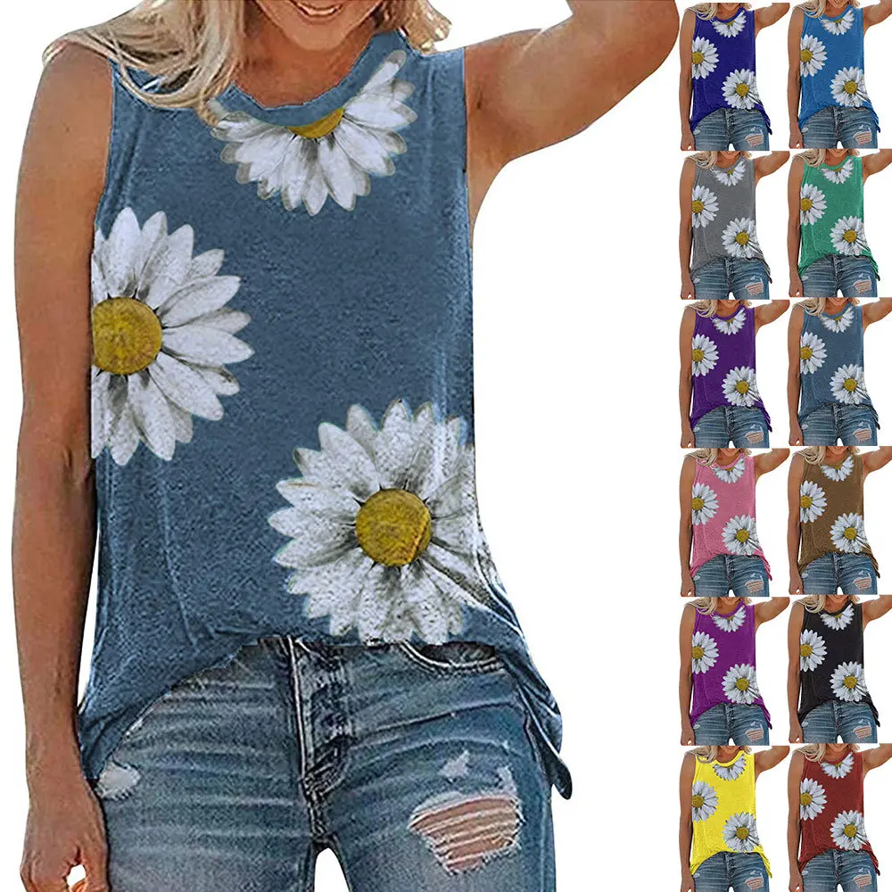 

Summer Fashion Women's Vest Small Daisy Pattern Print Round Neck Sleeveless T-shirt Casual Commuting All-match Vest T-shirt Lady