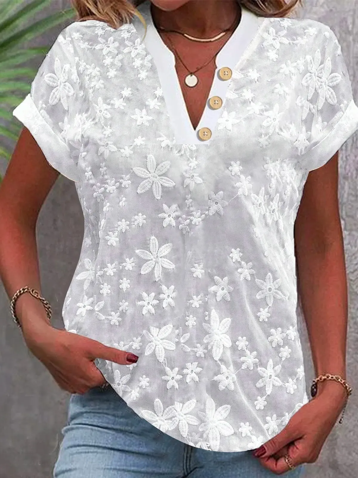 Women’s floral embroidered V-neck short sleeve blouse with button front detail 0003