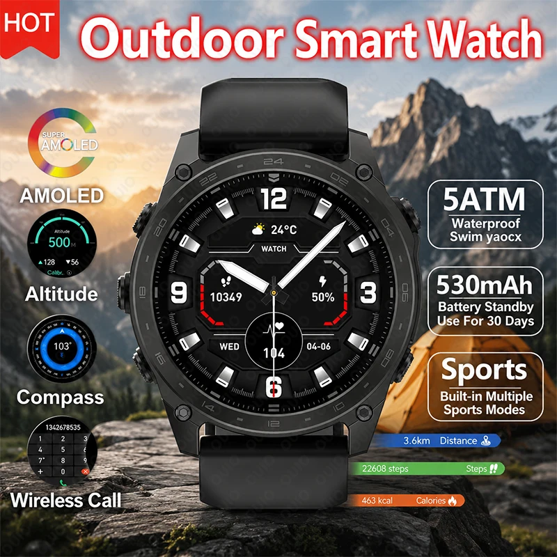 Nuovo Smartwatch Sportivo 2026 con Modalità Sport, Chiamate Wireless, Bussola, Altimetro, Torcia LED, Schermo AMOLED da 1,43 Pollici