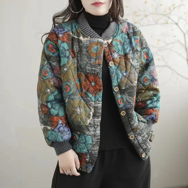 

Print Cotton Coat Women Autumn Winter Jacket Warm Long Sleeve Single-breasted Parka Korean Loose Stand Collar Cotton-padded Coat