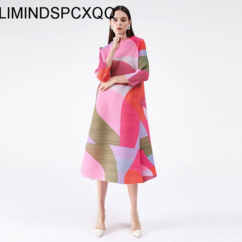 

2023 Pleated Dress Women Hit Color Geometric With Belt SashesLong Sweet Casual New Autumn Fashion Tide