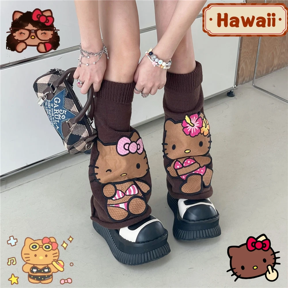 

Balck Skin Bikini Hello Kitty Hawaii Cartoon Y2K Girls Leg Socks Anime Personalized Knitted Stacked Socks Kawaii Mid Leg Sleeves