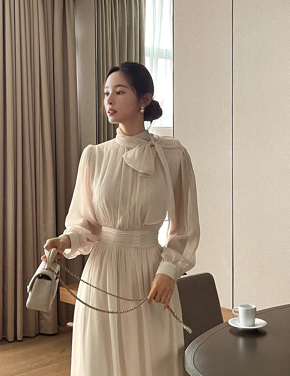 Elegant Midi Dresses for Women Long Sleeves Half High Collar Lace-up A-line Korean Fashion Autumn New One Piece Vestido Mujer