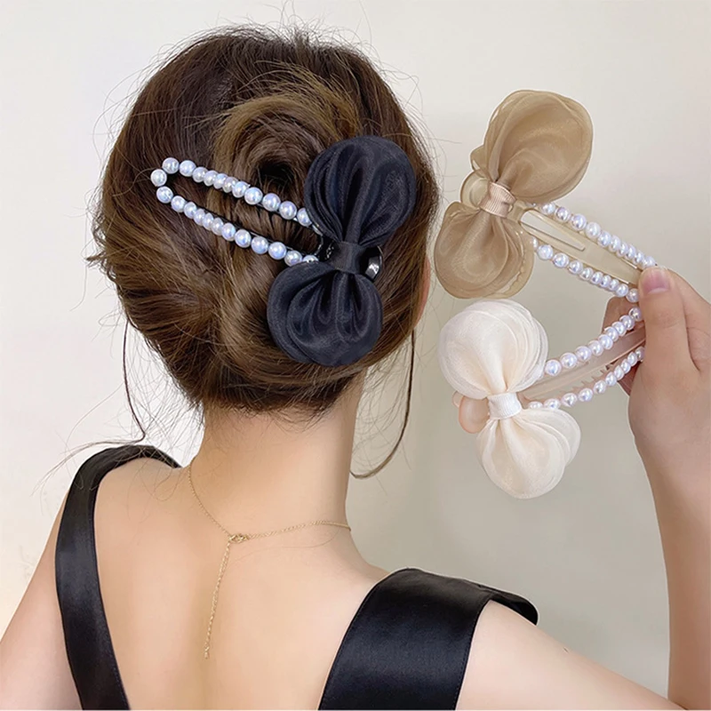 

Super Fairy Bow Pearl Hair Claws Female Back Head Premium Sense Mesh Hair Accessories Headwear Temperament Disc Hair Grab Clip