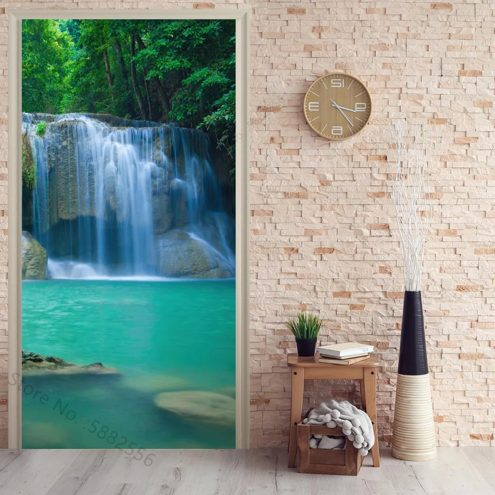 A.Monamour 3D Deurstickers voor Binnendeuren Een Tijger Wandelen Onder De Waterval Dier Thema Vinyl Verwijderbare Zelfklevende Deur Poster Behang Muurschildering Decals voor Slaapkamer Kantoor Badkamer
