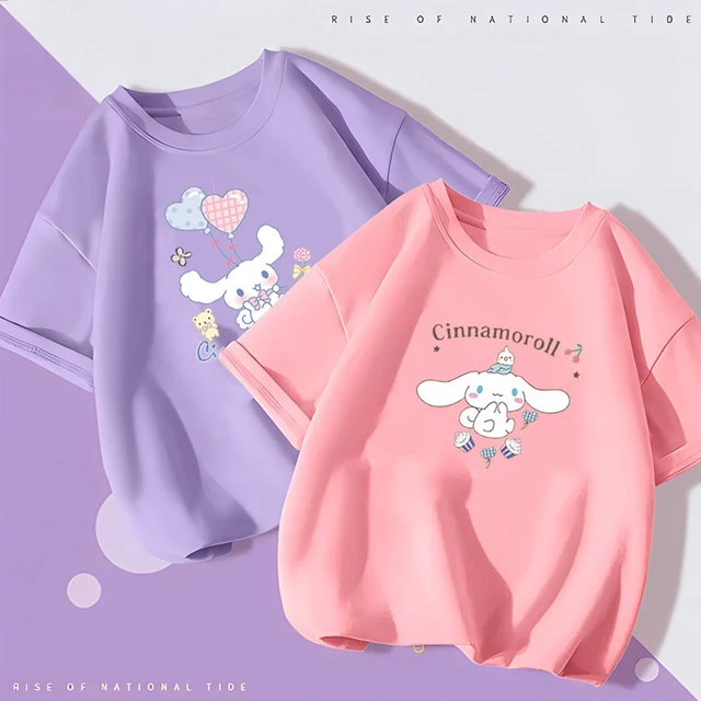 Sanrios Cinnamoroll Tops de desenho animado infantil, mangas meia, roupas  kawaii, camiseta de manga curta, doce e fofo, verão - AliExpress