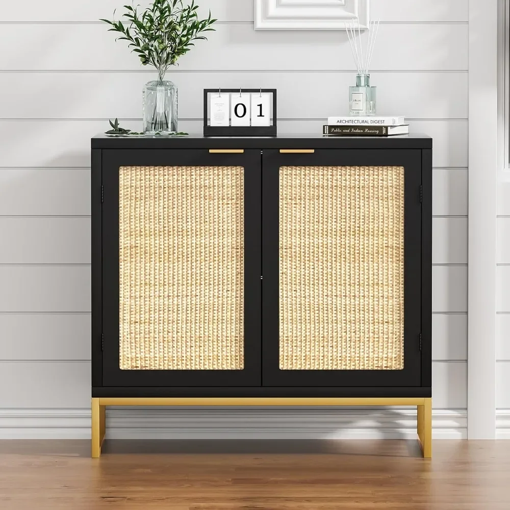Rattan Sideboard Buffet Kitchen Storage Cabinet 2 Doors, Modern Black Accent Cabinet Kitchen Buffet Storage
