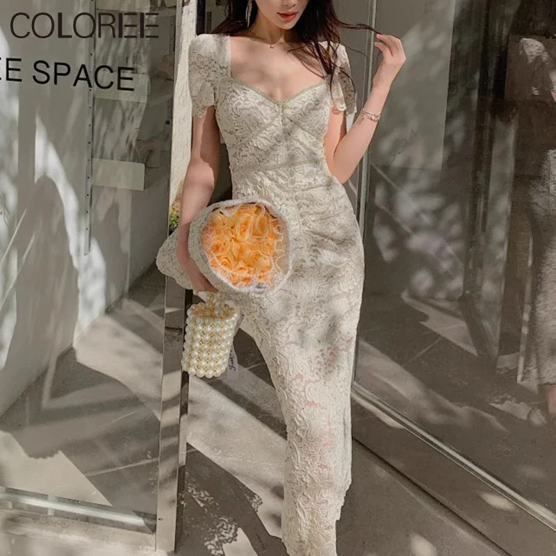 

2024 Spring New Collection Beige Hollow Out Lace Dress Women Elegant Beading Short Sleeve Maxi Dresses Korean Vestido Longo