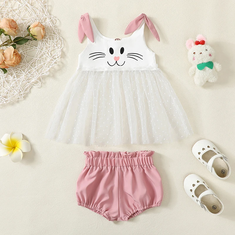 

Newborn Baby Girl Clothes Summer Cute Rabbit Outfit Mesh Patchwork Cami Tops with Elastic Shorts Set