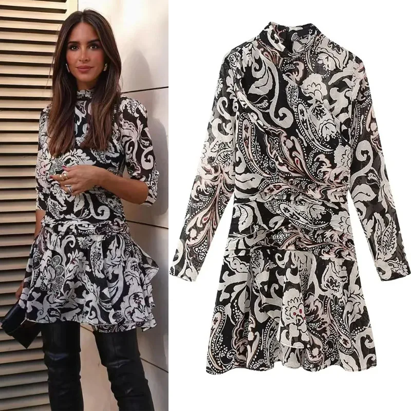 

TRAF Vintage Women Metallic Thread Printed Mini Dress Elegant High Collar Long Sleeves Short Dresses Party Sides Ruched Vestidos