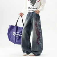 Nouveau jean évasé streetwear Y2K brodé flamme pour homme, pantalon en denim ample et droit style hip-hop Harajuku 5