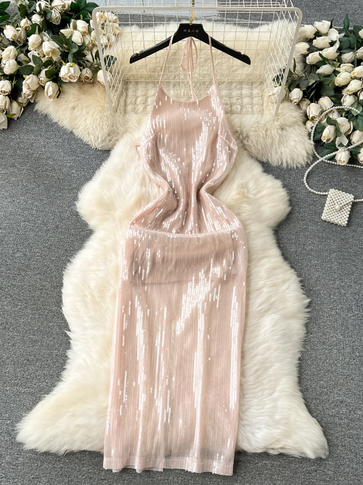

Women Sexy Sequin Dresses Fashion Backless Mid Length Hanging Neck Bodycon Dress Summer Sleeveless Elegant Party Dress Vestidos