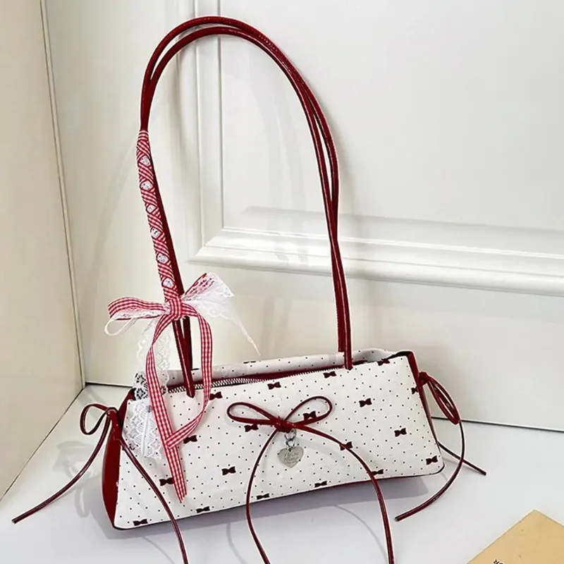 Sweet Y2K Shoulder Bag INS Floral Lace Bow Print Handbag Contrast Color Cute Women's Shoulder Bag