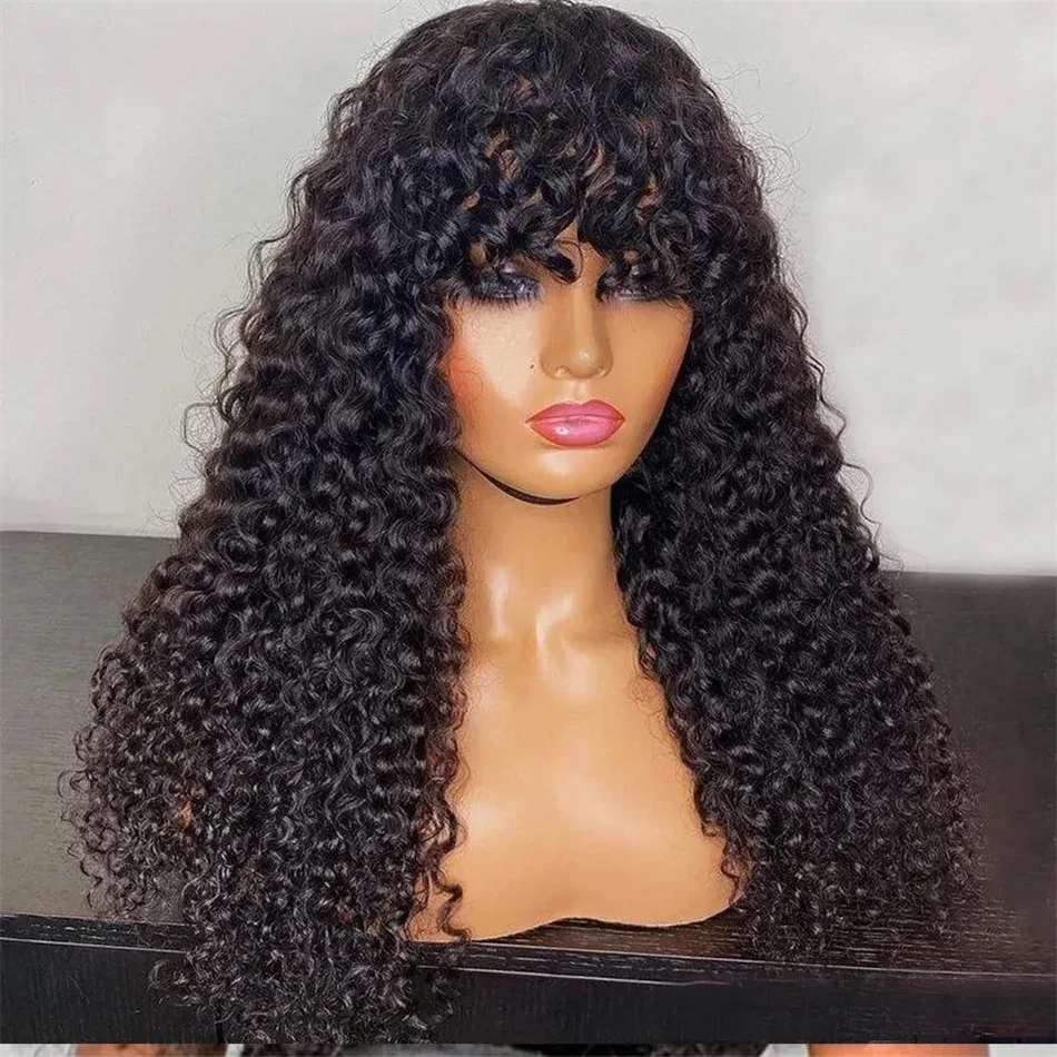 30 inch Water Wave Human Hair Wigs With Bangs Glueless Fringe Wig Kinky Curly Bob Wig with Bangs Full Machine Made 180% Human hair wigs