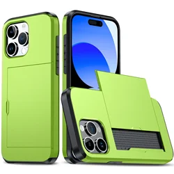 Premium Wallet Card Holder Slide Slot Slim Hard Protective Phone Case - Heavy Duty Cover for iPhone 17 e 16e (Green)