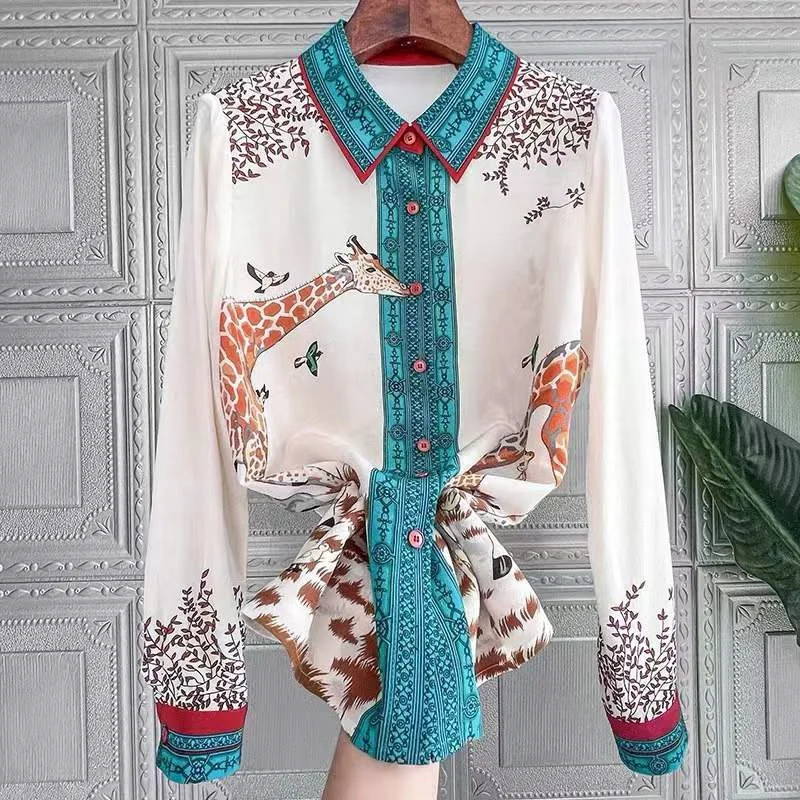 FANIECES S-3XL 빈티지 프린트 여성 블라우스 활주로 바로크 우아한 오피스 숙녀 긴 소매 셔츠 탑 Blusas De Mujer Блуз