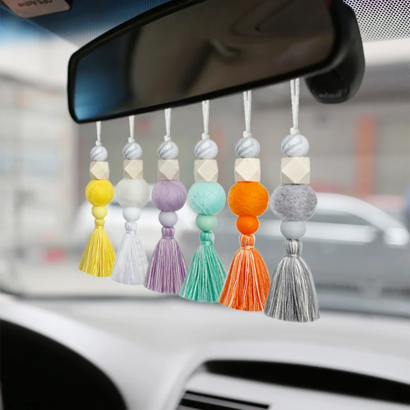 

Car Pendant Hand-woven Silicone Beads Wood Beads Felt Ball Cotton Thread Tassel Pendant Car Perfume Diffuser Auto Accessories