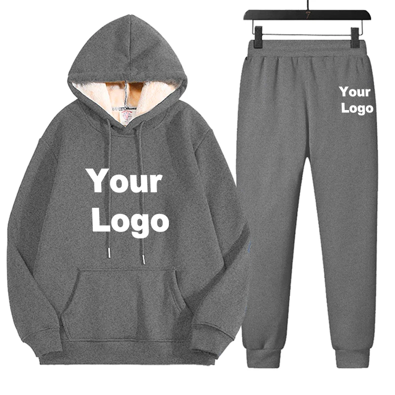 Winter Men Women Custom Logo Sets Casual Warm Suit Thick Two Peice Sets Casual Streetwear Suit Y2K Thicken Hoodies Pants