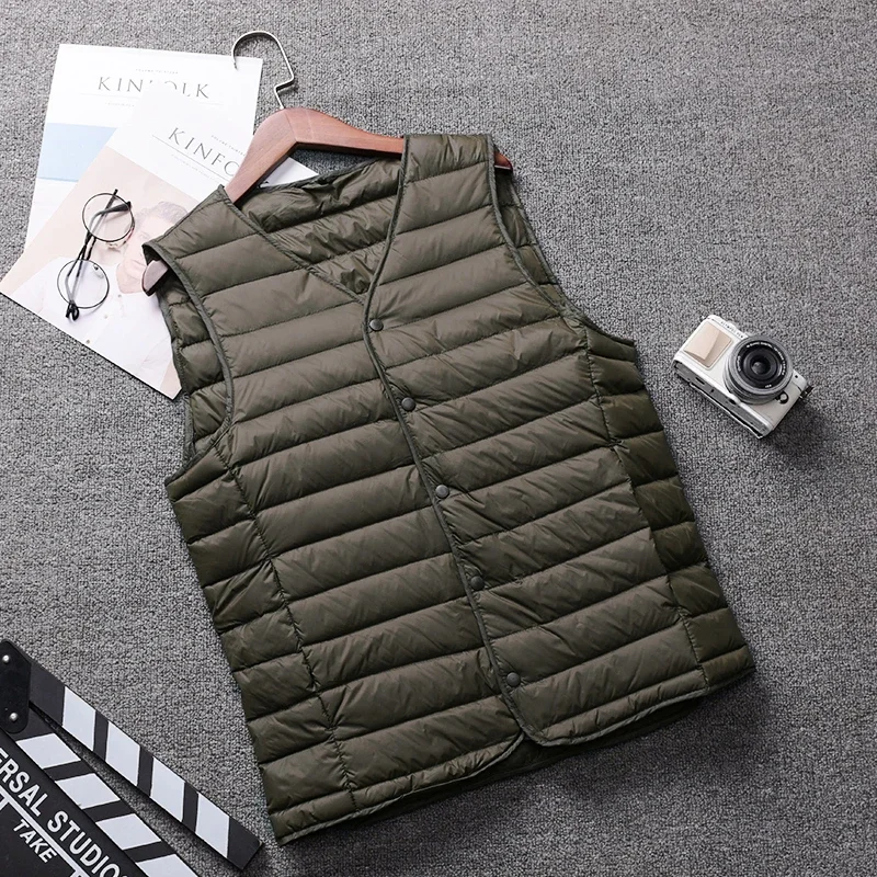 Schinteon Men Light Down Vest Gielt Casual Waistcoat Spring Autumn White Duck Down Jacket Male V-neck Sleeveless Coat Liner Vest