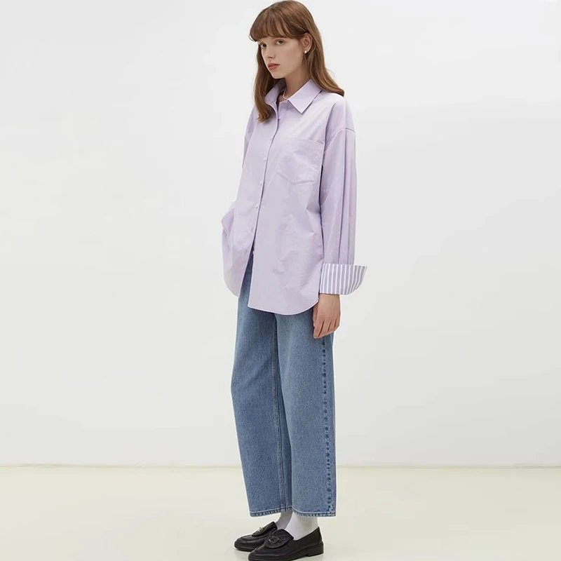 Casual Loose Shirt And Blouse Turn-down Neck Purple Patchwork Stripe Long Sleeved Clothes Top Single Breasted Simple Streetwear