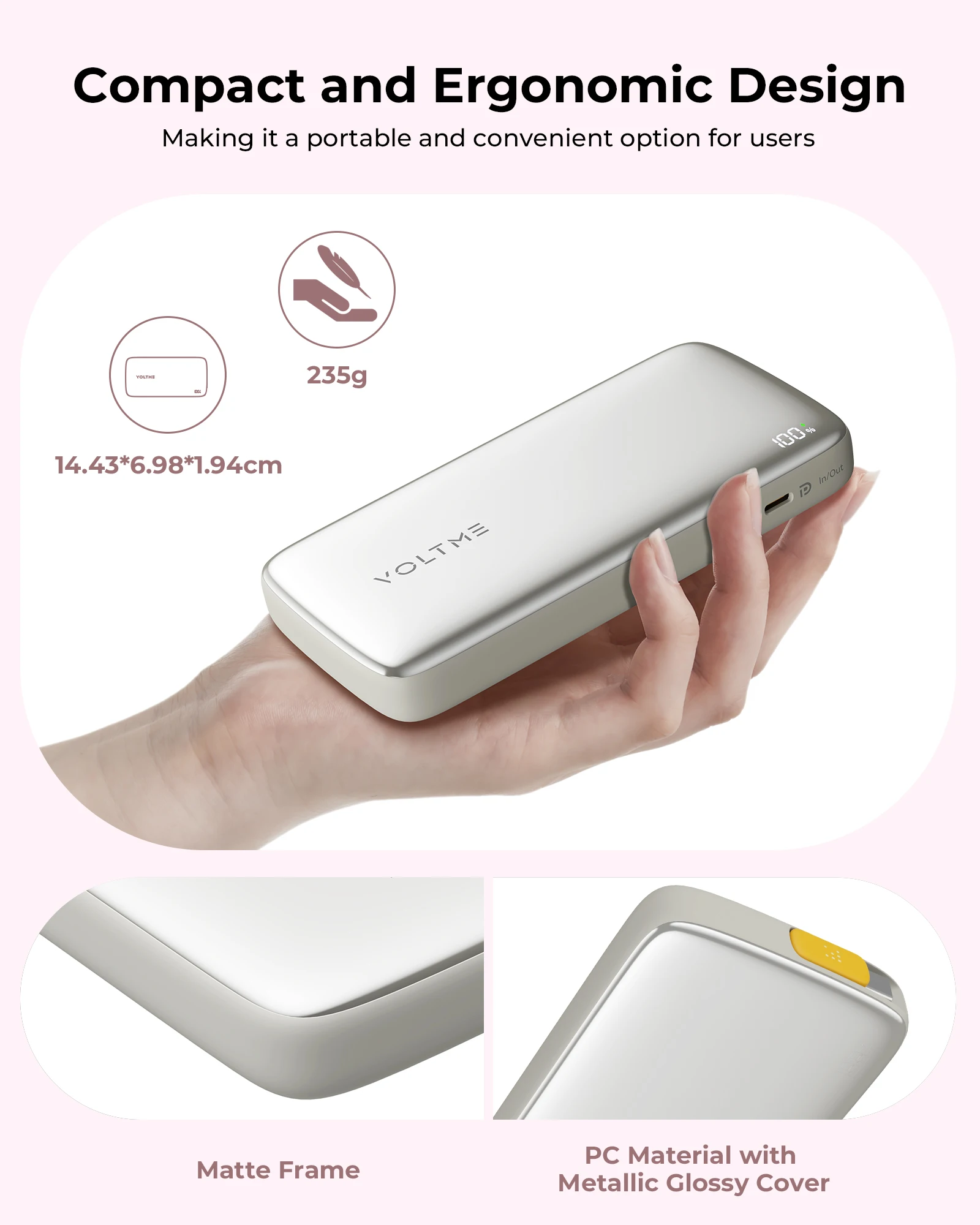 VOLTME 10000mAh portable power bank with 65cm Built-In Type-C dual USB C ports Fast Charge for iPhone 16 Galaxy S22+ Pixel9 4