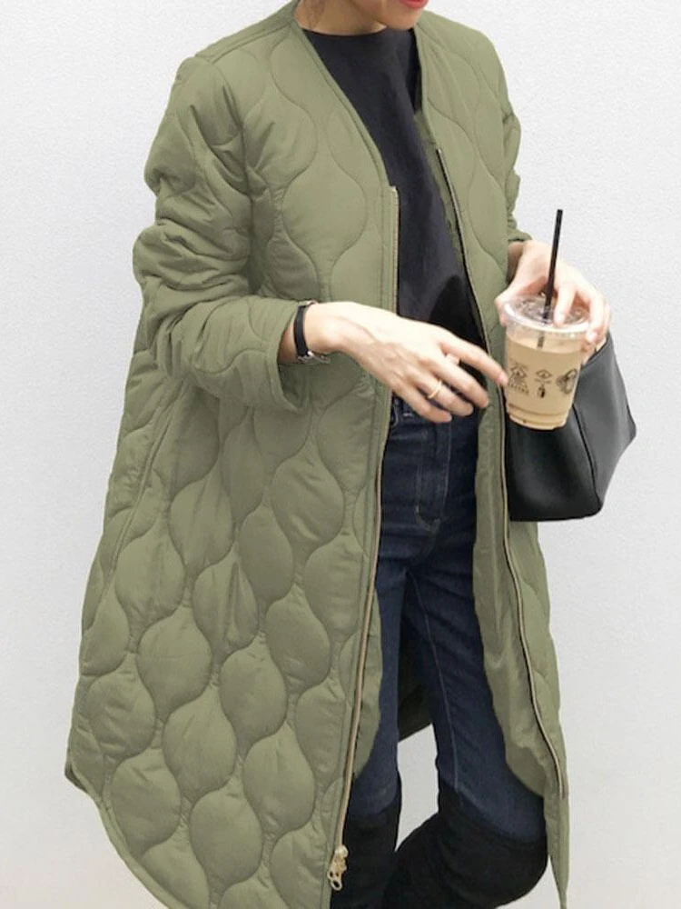 Olive Green Quilted Jacket Womens Стеганое Пальто Long Green