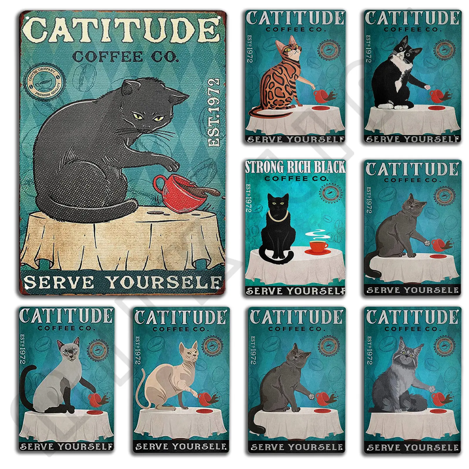 

Funny Catitude coffee co.Serve yourself Metal Sign for Bedroom Cafe Home Bar Pub Coffee Beer Kitchen Bathroom Funny Wall Decor