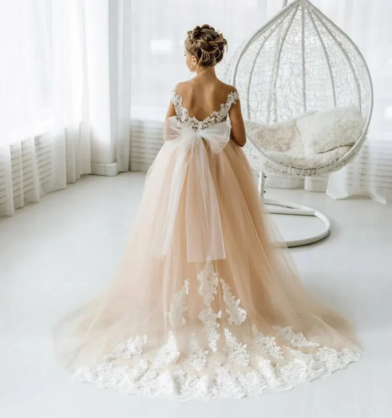 

Flower Girl Dresses For Wedding Light Champagne Tulle Lace Sheer Neck Princess Long Kids Bridesmaid Dress First Communion Gowns