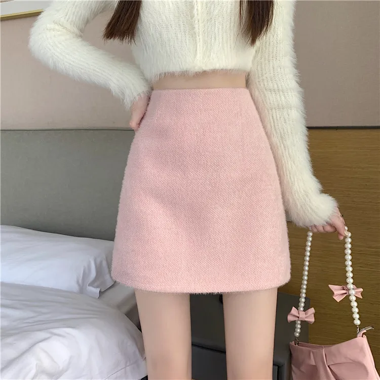 

Gidyq Women Thick Mini Skirt Elegant Korean High Waist Ladies Imitation Mink Skirt Harajuku Fashion Casual Mini A Line Skirts